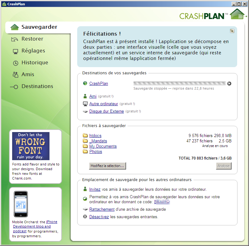 Crashplan - écran principal