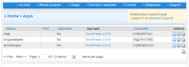 WebFaction - Control Panel (Apps)