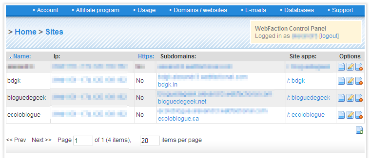 WebFaction - Control Panel (Websites)