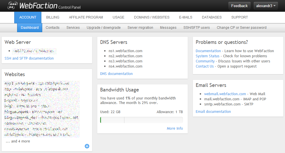 WebFaction Tableau de bord
