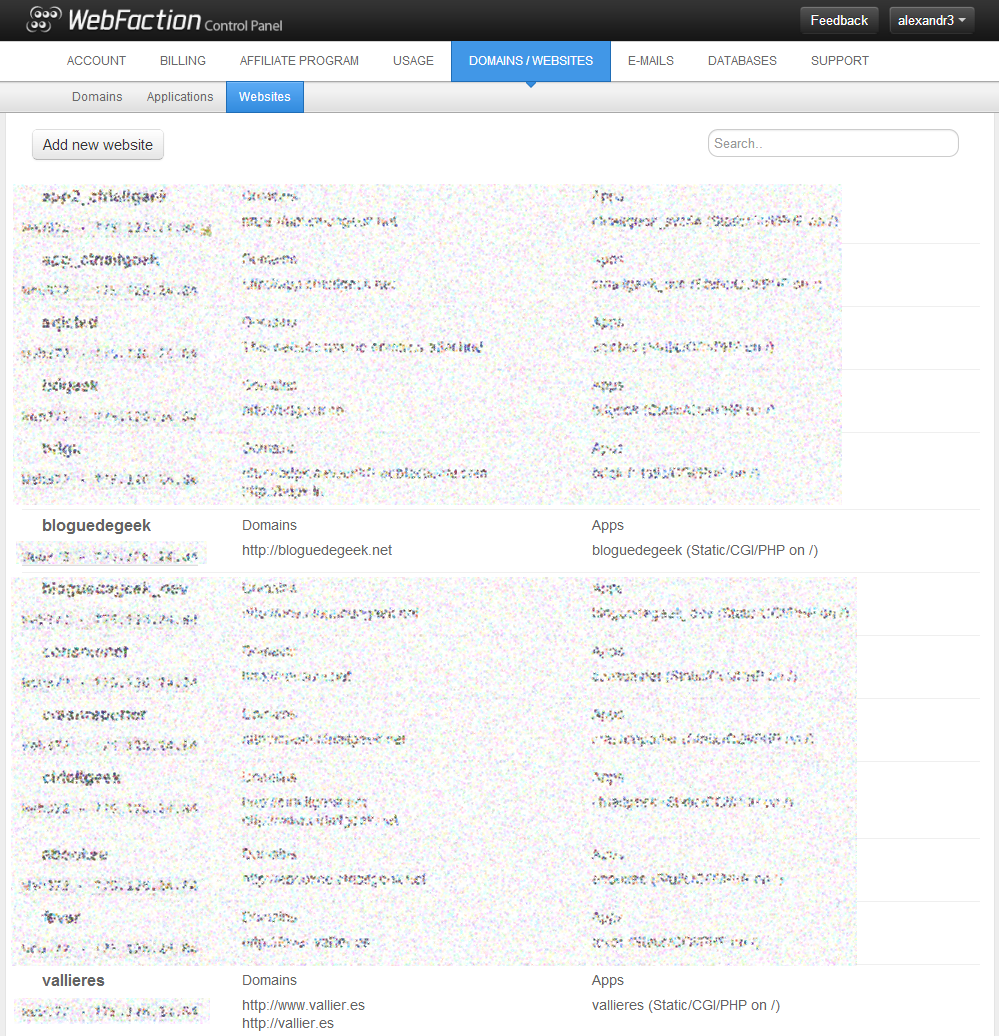 WebFaction Tableau de bord